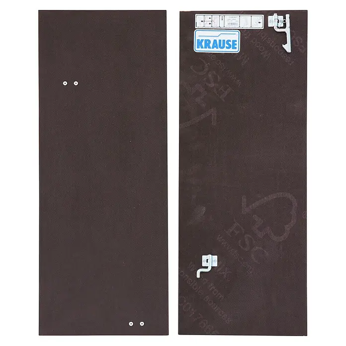 Krause Combi Multiboard für Gelenkleitern - Länge: 81 cm - Zwei braune Krause Bühnenplatten, eine mit Logo, FSC-Zeichen und Zubehör, die andere mit Befestigungspunkten. Hochwertige und robuste Bühnenteile.