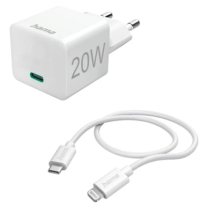 Hama Schnellladegerät USB mit Ladekabel Lightning - Weiß, USB-C-Buchse, 20 W - Abbildung eines weißen Hama 20W USB-C-Ladegeräts mit Ladekabel.