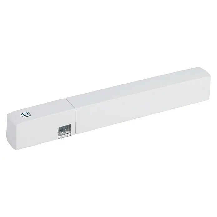 Homematic IP Fenster- & Türsensor HmIP-SWDO-PL-2 - Weiß, Batteriebetrieben, 16 x 147 x 20 mm - Das Bild zeigt einen weißen Smart Home Rollladenmotor. Ein Knopf ist auf dem Gehäuse sichtbar.