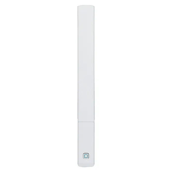 Homematic IP Fenster- & Türsensor HmIP-SWDO-PL-2 - Weiß, Batteriebetrieben, 16 x 147 x 20 mm - Das Bild zeigt ein schlankes, weißes elektronisches Gerät mit einer minimalistischen Taste unten. Es wirkt modern und kompakt.