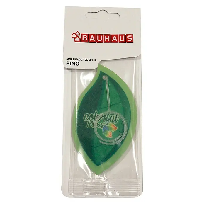 BAUHAUS Ambientador de coche Leaves - Pino - Un ambientador "Pino" de Bauhaus fresco en forma de hoja, empaquetado en plástico. Proporciona una fragancia agradable en el coche o en casa.