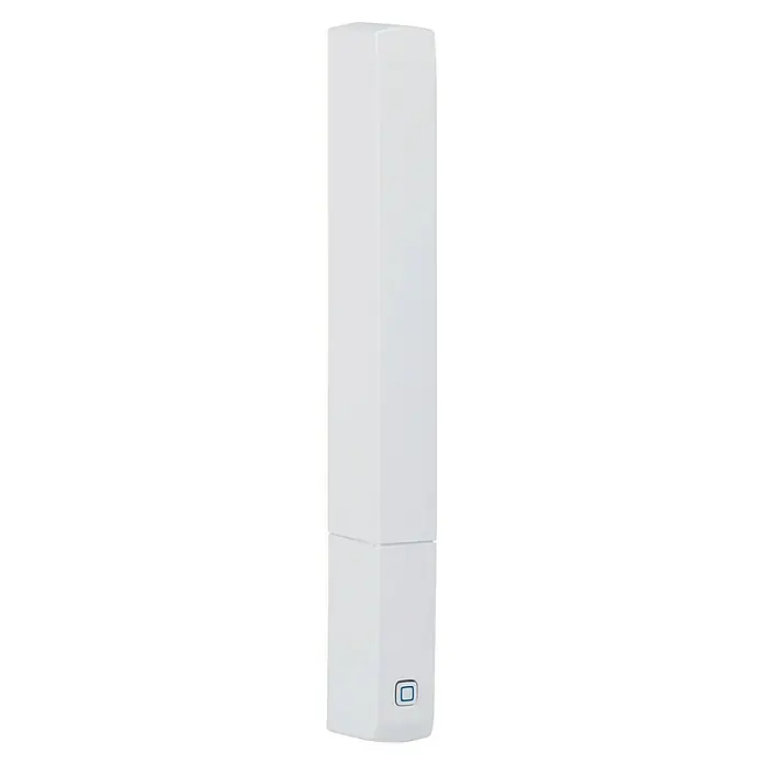 Homematic IP Fenster- & Türsensor HmIP-SWDO-PL-2 - Weiß, Batteriebetrieben, 16 x 147 x 20 mm - Nahaufnahme eines schlanken, weißen Luftqualitätsmonitors mit einem quadratischen Knopf an der Unterseite.