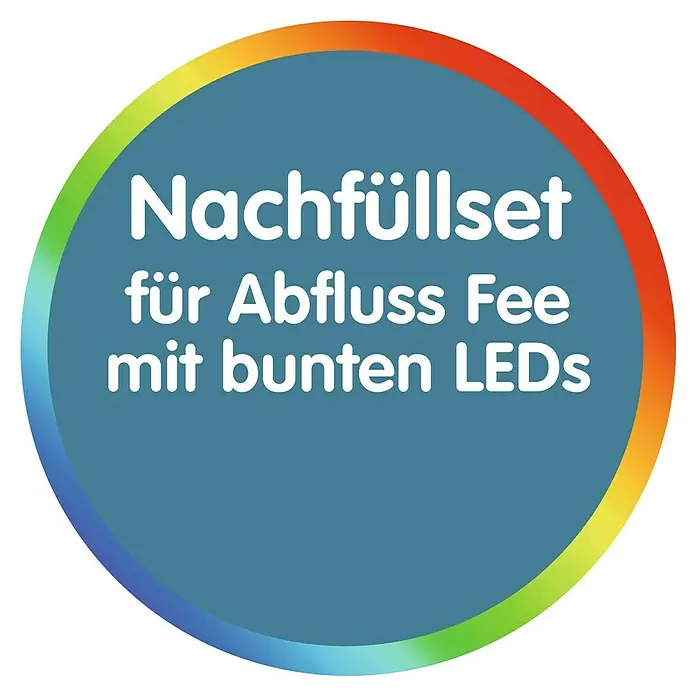 Duftstein Abfluss-Fee für LED-Abflusstopfen - 4 Stk., Apfel-Zitrone - Nachfüllset für Abfluss Fee mit bunten LEDs, präsentiert in einem farbenfrohen kreisförmigen Design. Ideal für leuchtende Badezimmer.
