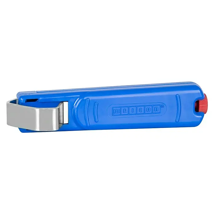 Weicon Kabelmesser No. C 8 - 27 - Länge: 135 mm - Das Bild zeigt einen blauen Weicon Kabelabisolierer mit einem silbernen Clip und einem roten Drehknopf. Ein unverzichtbares Werkzeug für Elektriker.