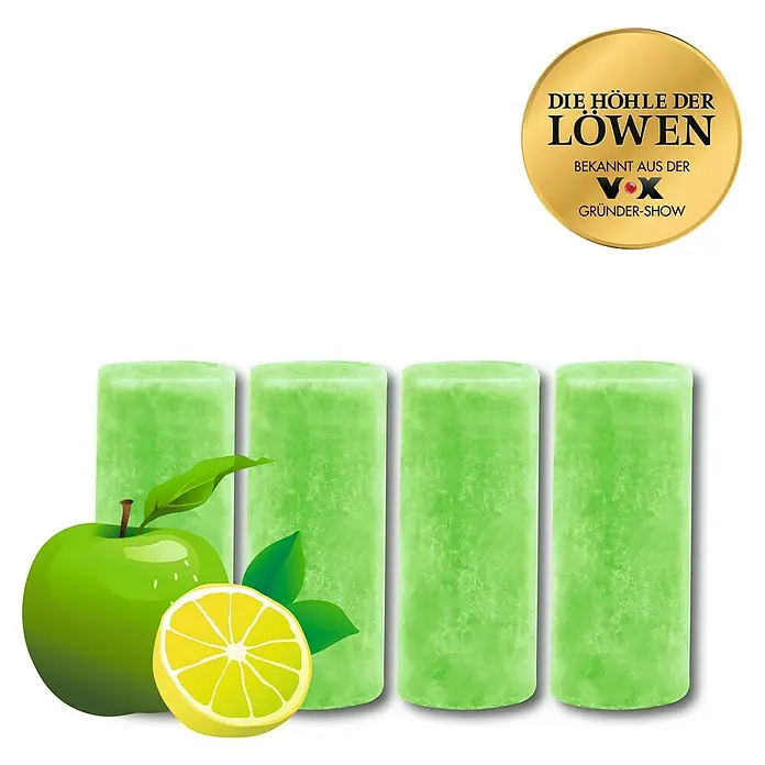 Duftstein Abfluss-Fee für LED-Abflusstopfen - 4 Stk., Apfel-Zitrone - Produktabbildung: Vier grüne WC-Reiniger-Stäbe mit Apfel- und Zitronenaroma, bekannt aus der TV-Show "Die Höhle der Löwen".