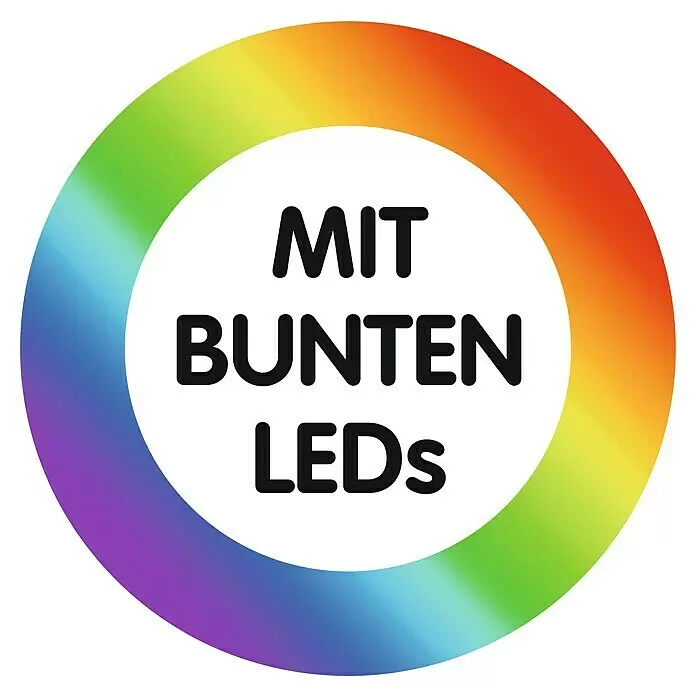 Abfluss-Fee Verschlussstopfen mit LED - Mit Duftstein, Waschbecken - Rundes Emblem mit Regenbogenrand und dem Text 'MIT BUNTEN LEDs', das bunte LED-Funktionen kennzeichnet.