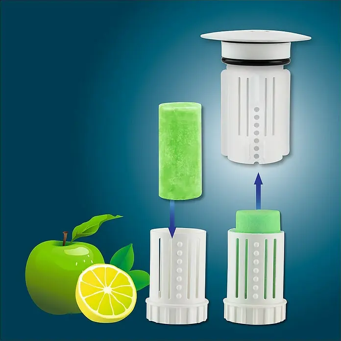 Abfluss-Fee Verschlussstopfen mit LED - Mit Duftstein, Waschbecken - Das Bild zeigt einen WC-Frisch-Spüler, der mit Duft nach Apfel und Zitrone für eine hygienische Reinigung sorgt.