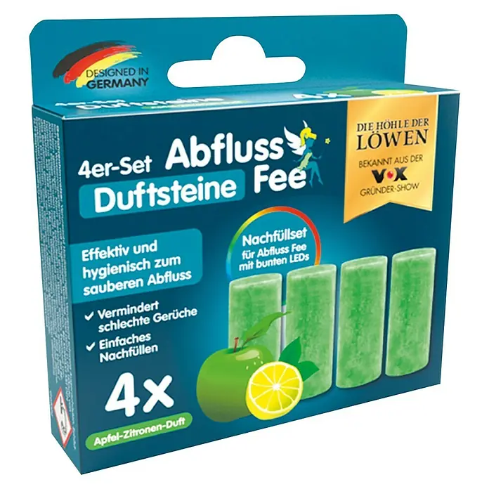 Duftstein Abfluss-Fee für LED-Abflusstopfen - 4 Stk., Apfel-Zitrone - Bild einer Packung Abfluss Fee Duftsteine, die für einen sauberen Abfluss sorgen und schlechte Gerüche vermindern.