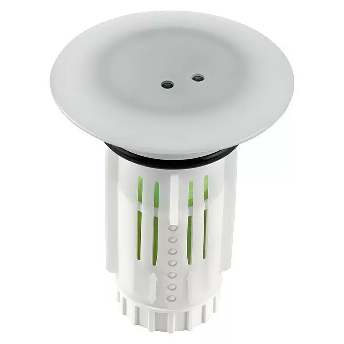 Abfluss-Fee Verschlussstopfen mit LED - Mit Duftstein, Waschbecken - Weißer Kunststoff-Abflusssieb mit rundem Kopf, schwarzem O-Ring und grünen Filterelementen sichtbar durch seinen geschlitzten Körper.