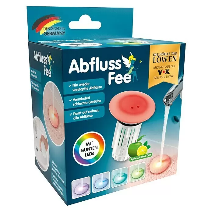 Abfluss-Fee Verschlussstopfen mit LED - Mit Duftstein, Waschbecken - Produktverpackung des 'Abfluss Fee' Abflussfilters. Gegen Verstopfungen/Gerüche, mit bunten LEDs und Apfel-Zitronen-Duft.