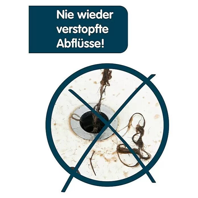 Abfluss-Fee Verschlussstopfen mit LED - Mit Duftstein, Waschbecken - Ein schmutziger, mit Haaren verstopfter Abfluss ist mit einem blauen 'Nein'-Symbol durchgestrichen. Der blaue Text lautet: 'Nie wieder verstopfte Abflüsse!'.