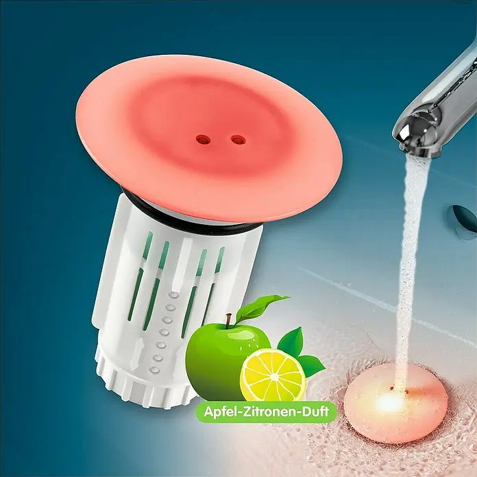 Abfluss-Fee Verschlussstopfen mit LED - Mit Duftstein, Waschbecken - Abbildung eines Toilettenreinigers mit Apfel-Zitronen-Duft, der für eine saubere und frische Toilette sorgt.