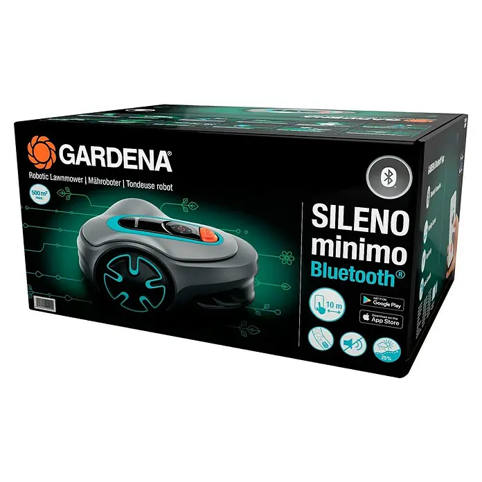 Gardena Mähroboter Sileno minimo 500 - 500 m², Schnittbreite: 16 cm, Induktionsgestützte Navigation, Begrenzungskabel - Bild der Verpackung eines Gardena SILENO minimo Bluetooth Mähroboters, der intelligentes Rasenmähen mit App-Steuerung bietet.