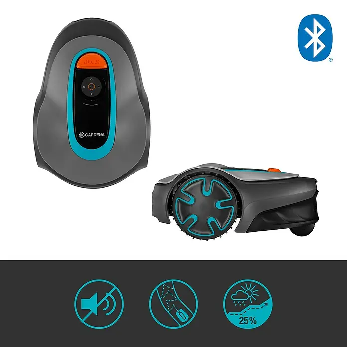 Gardena Mähroboter Sileno minimo 500 - 500 m², Schnittbreite: 16 cm, Induktionsgestützte Navigation, Begrenzungskabel - Ein Gardena Mähroboter präsentiert aus verschiedenen Blickwinkeln, betont seine moderne Bauweise und Funktionalität.