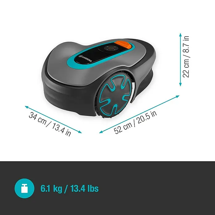 Gardena Mähroboter Sileno minimo 500 - 500 m², Schnittbreite: 16 cm, Induktionsgestützte Navigation, Begrenzungskabel - Das Bild zeigt einen Gardena Mähroboter mit den Maßen 34 cm x 52 cm x 22 cm und einem Gewicht von 6,1 kg, ideal für die Rasenpflege.