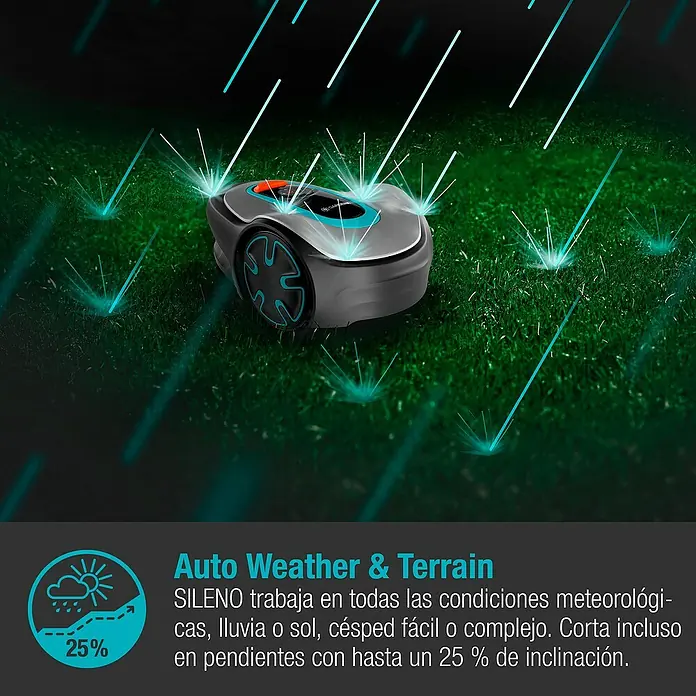 Gardena Robot cortacésped Sileno Minimo 250 - 2,1 Ah, Recomendación máxima de superficie: 250 m² - El robot cortacésped Gardena SILENO desafía cualquier clima. Funciona con lluvia, sol y en terrenos complejos hasta un 25% de pendiente.