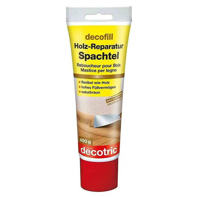 Decotric decofill Reparaturspachtel Holz - 0,4 kg, Naturbraun - Produktbild einer Tube Decofill Holz-Reparatur Spachtel. Die Tube ist gelb-rot und enthält Spachtelmasse zur Holzreparatur.