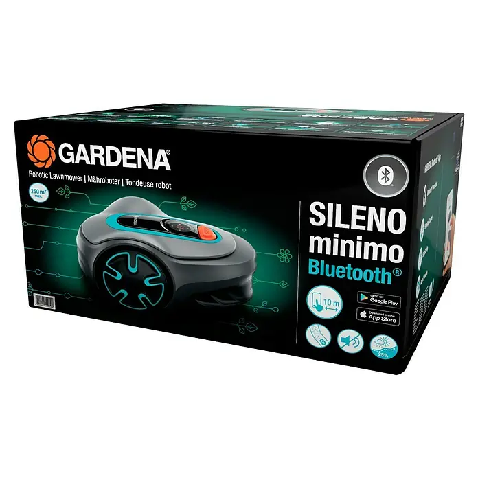 Gardena Mähroboter Sileno minimo 250 - 250 m², Schnittbreite: 16 cm, Induktionsgestützte Navigation, Begrenzungskabel - Bild einer schwarzen Box mit einem GARDENA SILENO Minimo Bluetooth Rasenmähroboter.
