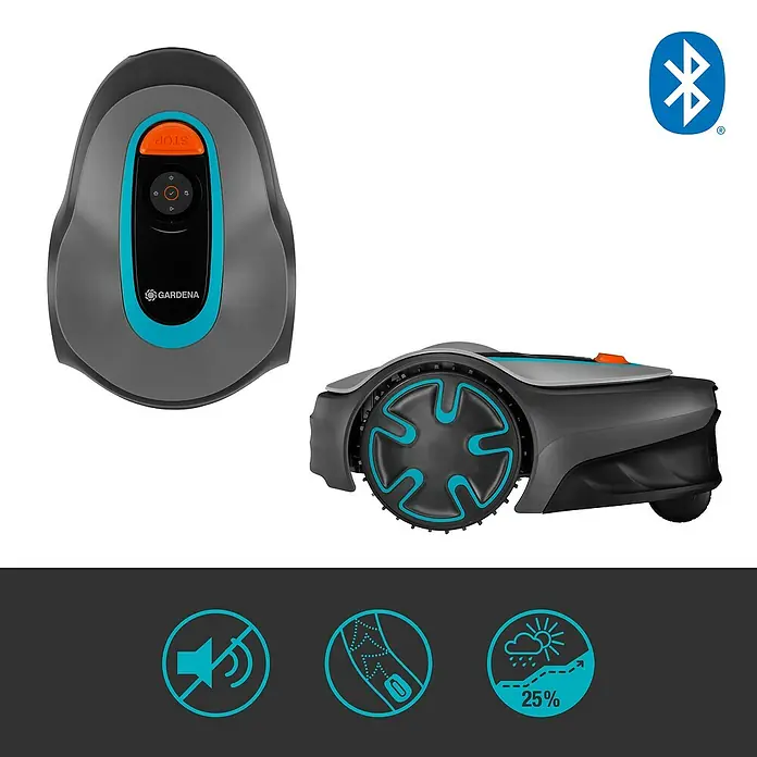Gardena Mähroboter Sileno minimo 250 - 250 m², Schnittbreite: 16 cm, Induktionsgestützte Navigation, Begrenzungskabel - Das Bild zeigt einen Gardena Mähroboter in Grau und Türkis, dargestellt aus verschiedenen Perspektiven, zusammen mit zugehörigen Logos.