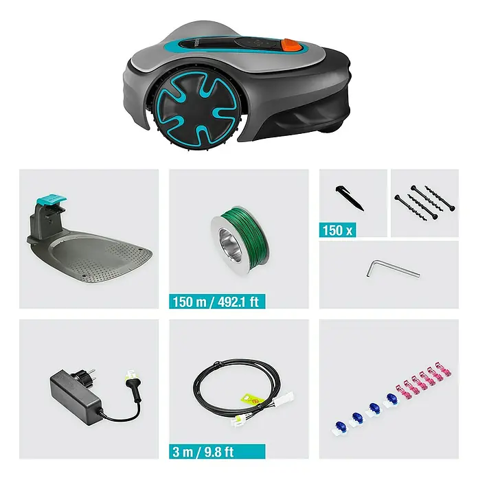 Gardena Mähroboter Sileno minimo 500 - 500 m², Schnittbreite: 16 cm, Induktionsgestützte Navigation, Begrenzungskabel - Das Bild zeigt einen Gardena Mähroboter mit Zubehör wie Begrenzungskabel, Heringen und Schrauben für die Installation im Garten.