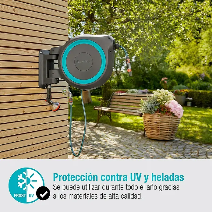 Gardena Portamangueras de pared RollUp M/L - Longitud del tubo: 25 m, Gris/Azul - La caja de manguera automática Roll-up de Gardena con protección UV y contra heladas, diseñada para un riego flexible del jardín y fácil almacenamiento.