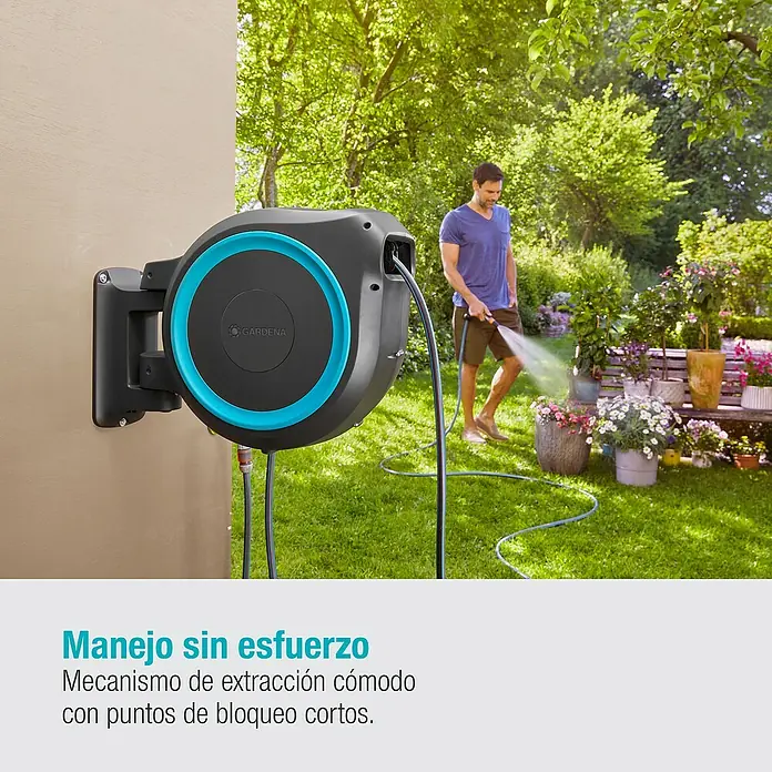 Gardena Portamangueras de pared RollUp M/L - Longitud del tubo: 25 m, Gris/Azul - La caja de manguera de pared Gardena con retracción automática para un riego sin esfuerzo.