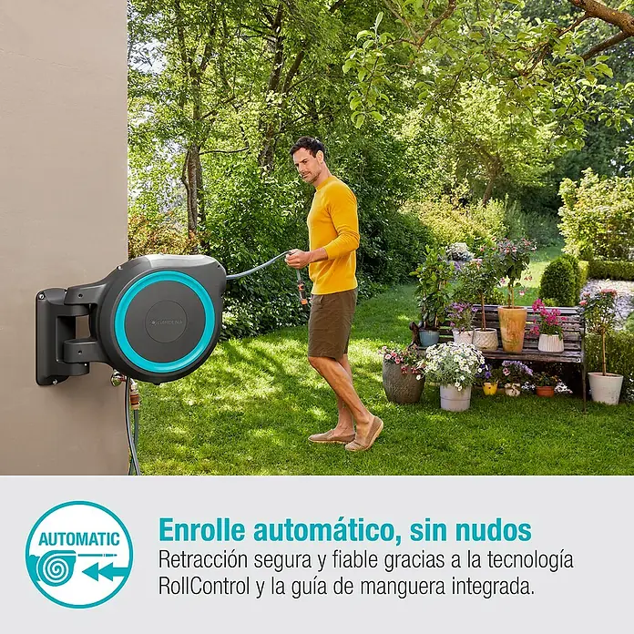 Gardena Portamangueras de pared RollUp XL - Longitud del tubo: 35 m, Gris/Azul - El carrete de manguera Gardena con función de enrollado automático para una jardinería ordenada y sin esfuerzo.