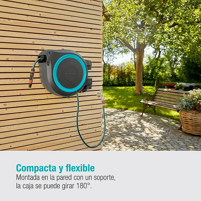 Gardena Portamangueras de pared RollUp M/L - Longitud del tubo: 25 m, Gris/Azul - Caja de manguera de pared Gardena: Solución de almacenamiento compacta y flexible para jardines, giratoria 180 grados. ¡Práctica y ahorra espacio!