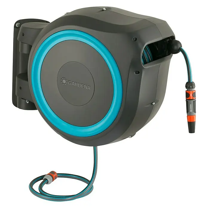 Gardena Portamangueras de pared RollUp XL - Longitud del tubo: 35 m, Gris/Azul - Caja de manguera de pared automática Gardena con manguera y boquilla para un riego cómodo.