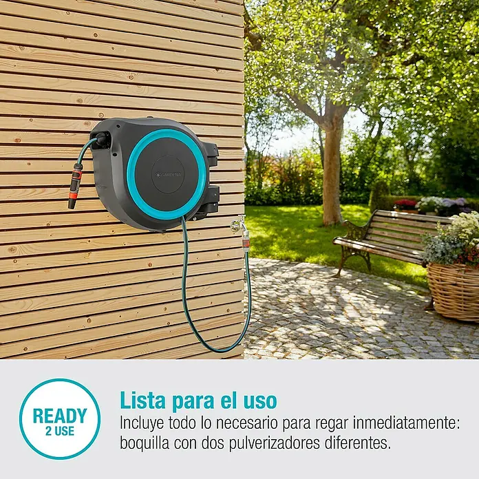 Gardena Portamangueras de pared RollUp XL - Longitud del tubo: 35 m, Gris/Azul - Caja de manguera automática Gardena con manguera y pistola, lista para regar.