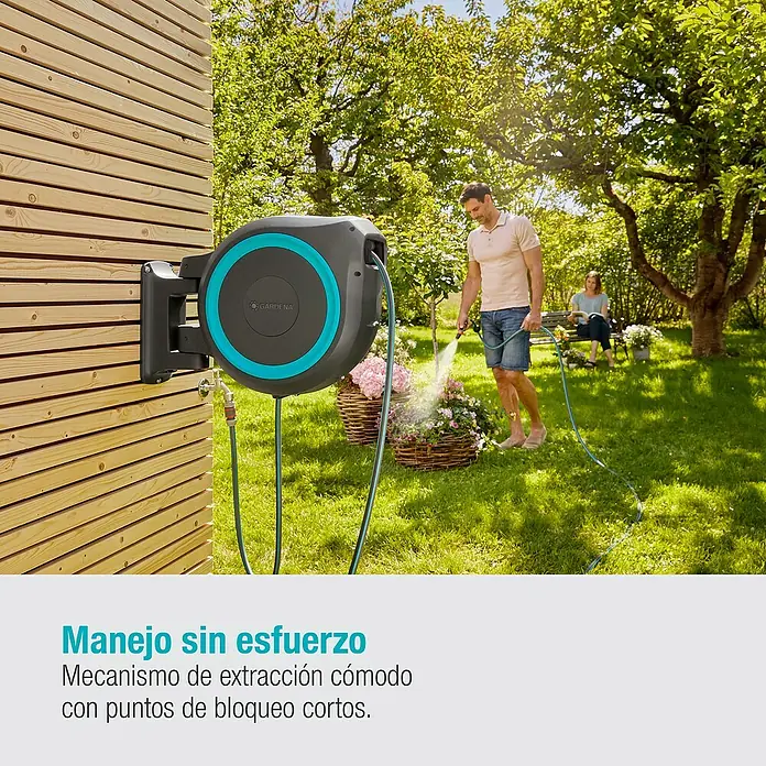 Gardena Portamangueras de pared RollUp XL - Longitud del tubo: 35 m, Gris/Azul - Caja de manguera Gardena Roll-up montada en la pared, con cómoda retracción para regar el jardín.