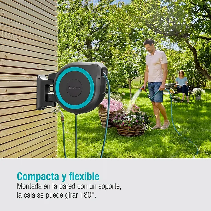Gardena Portamangueras de pared RollUp XL - Longitud del tubo: 35 m, Gris/Azul - Caja de manguera de pared Gardena con enrollador automático y soporte giratorio para un riego de jardín cómodo.