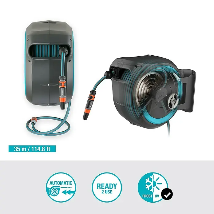Gardena Portamangueras de pared RollUp XL - Longitud del tubo: 35 m, Gris/Azul - Caja para manguera RollUp de Gardena con retracción automática, lista para usar, resistente a las heladas y a los rayos UV.