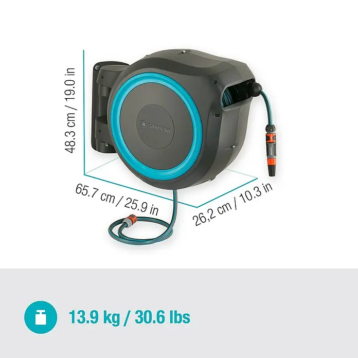 Gardena Portamangueras de pared RollUp XL - Longitud del tubo: 35 m, Gris/Azul - Imagen de un carrete de manguera Gardena con dimensiones y especificaciones de peso.