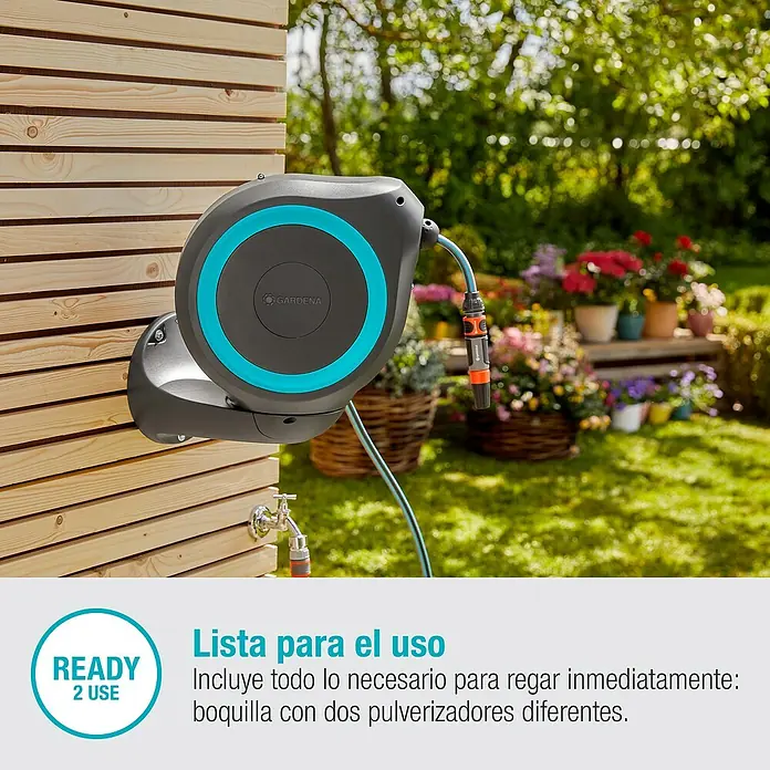 Gardena Portamangueras de pared RollUp S - Longitud del tubo: 15 m, Gris/Azul - Caja de manguera de pared GARDENA con manguera y boquilla, lista para su uso inmediato en el jardín.