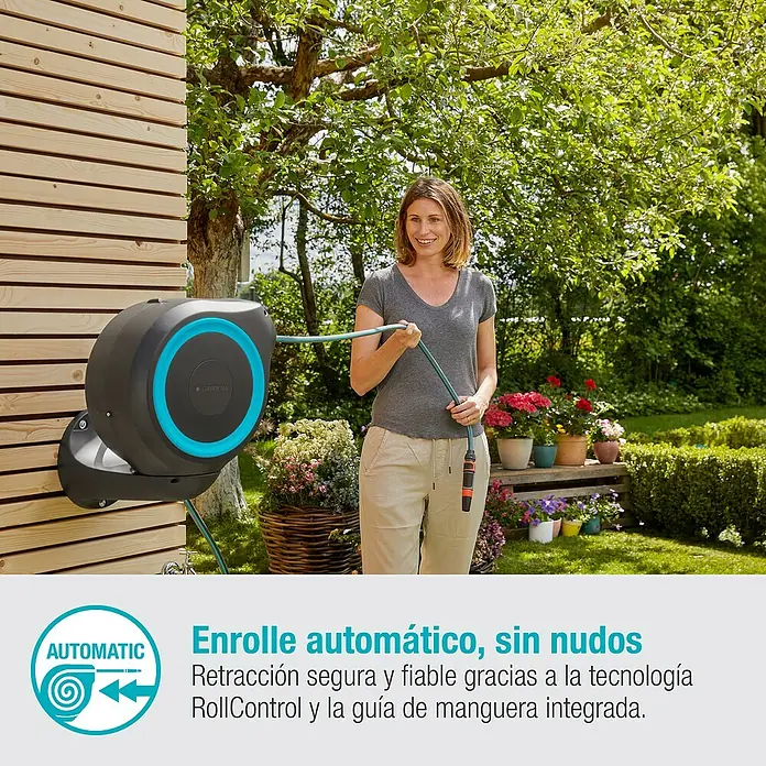 Gardena Portamangueras de pared RollUp S - Longitud del tubo: 15 m, Gris/Azul - La caja de manguera automática RollUp de GARDENA con función de enrollado automático para un riego del jardín fácil y cómodo.