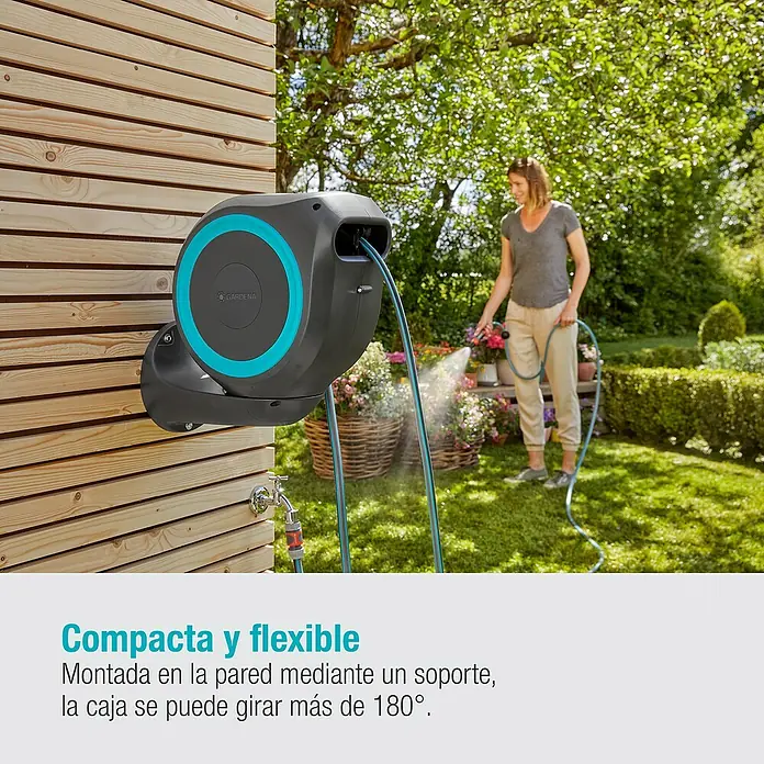 Gardena Portamangueras de pared RollUp S - Longitud del tubo: 15 m, Gris/Azul - La caja de manguera de pared Gardena con función de enrollado automático y soporte de pared giratorio para un riego cómodo del jardín.