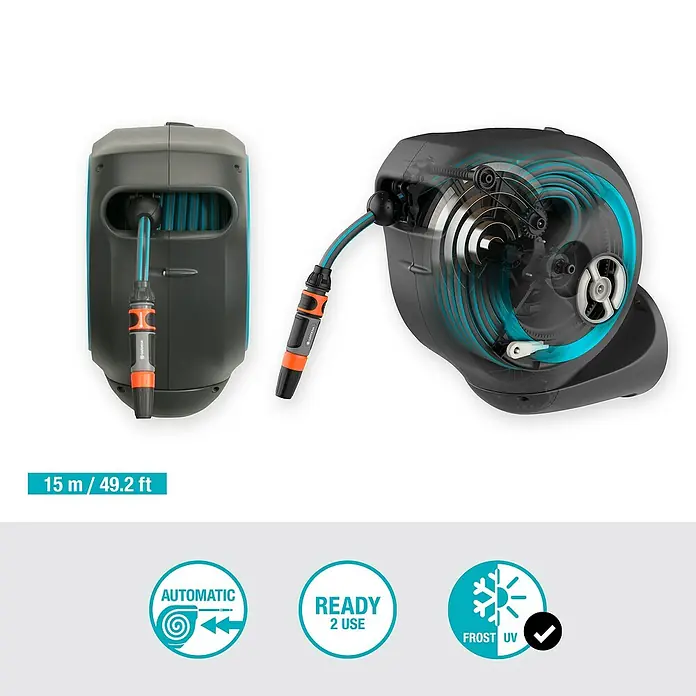 Gardena Portamangueras de pared RollUp S - Longitud del tubo: 15 m, Gris/Azul - Caja de manguera de pared Gardena con retracción automática, lista para usar. Resistente a las heladas y a los rayos UV.