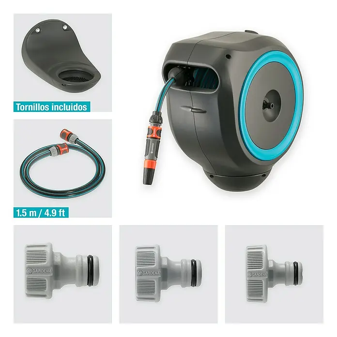 Gardena Portamangueras de pared RollUp S - Longitud del tubo: 15 m, Gris/Azul - Imagen de un enrollador de manguera de pared Gardena 35 roll-up automatic con accesorios incluidos, perfecto para regar el jardín y fácil almacenaje.