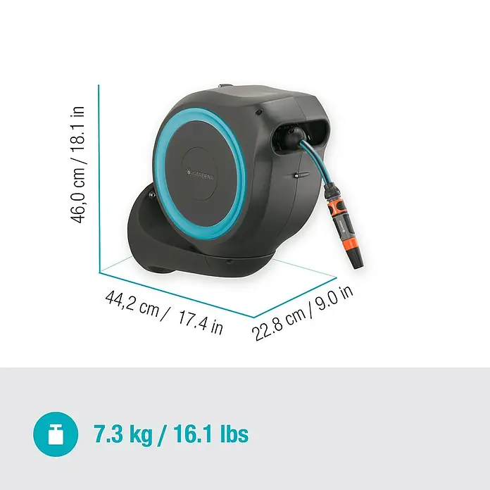 Gardena Portamangueras de pared RollUp S - Longitud del tubo: 15 m, Gris/Azul - La imagen muestra una caja de manguera de pared Gardena con dimensiones de 46,0 x 44,2 x 22,8 cm y un peso de 7,3 kg.