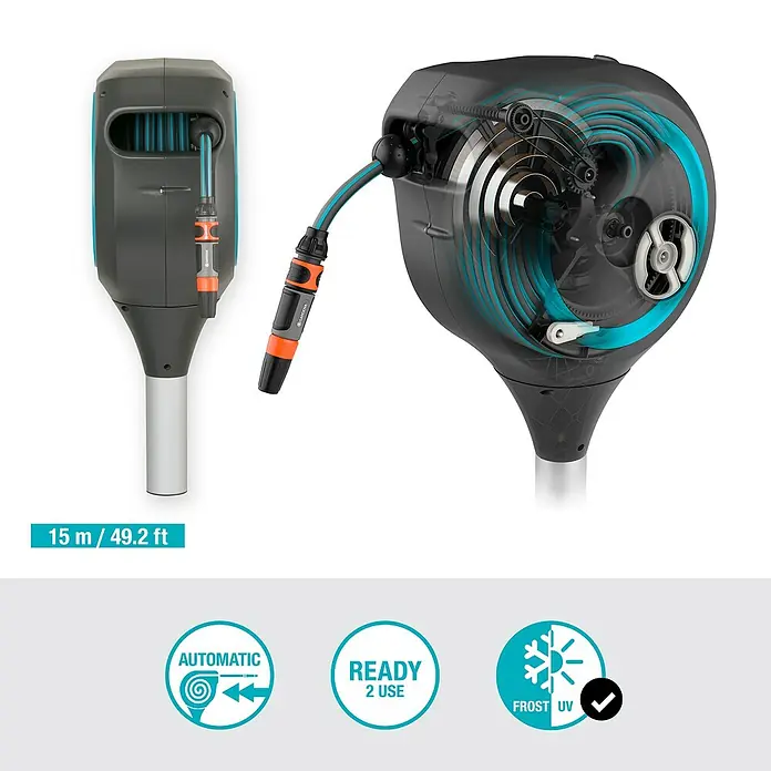 Gardena Soporte portamangueras RollUp S - Plástico, Diámetro tubo flexible: 13 mm, 15 m - Imagen de un carrete de manguera automático Gardena con una longitud de 15 metros. Es resistente a las heladas y a los rayos UV.