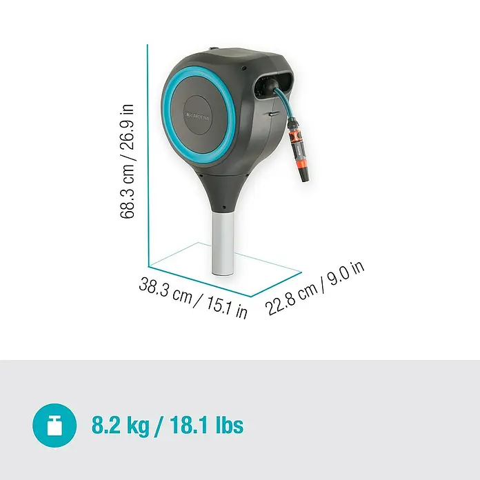 Gardena Soporte portamangueras RollUp S - Plástico, Diámetro tubo flexible: 13 mm, 15 m - Imagen de una caja de manguera Gardena con dimensiones y peso para uso en el jardín.