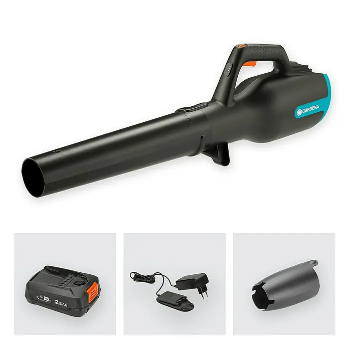 Gardena Power for All 18V Akku-Laubbläser - 18 V, Li-Ionen, 1 Akku, Blasgeschwindigkeit: 100 km/h - Abbildung eines Gardena Akku-Laubbläsers, zusammen mit Akku, Ladegerät und Düse.