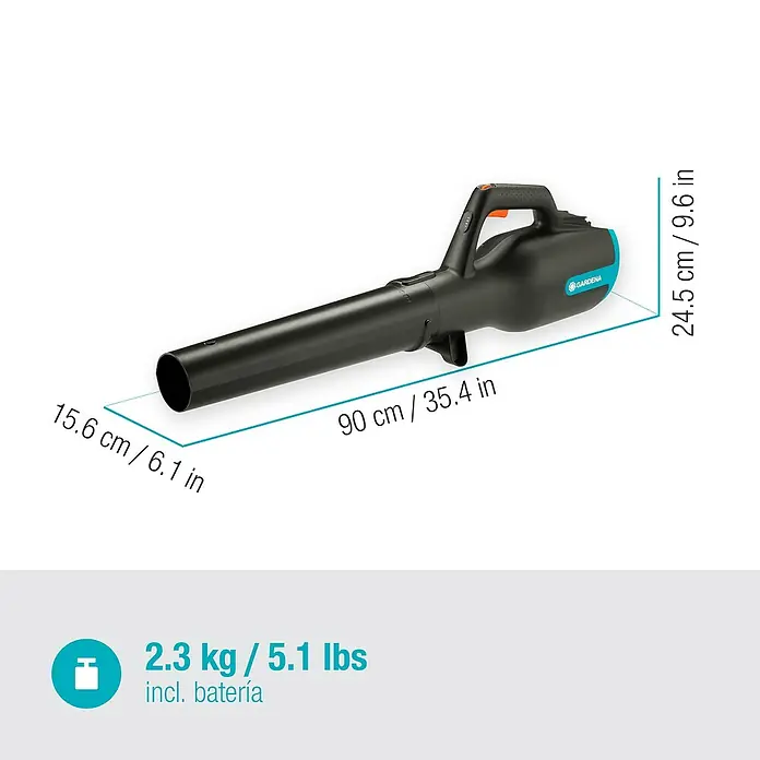 Gardena Power for All 18V Akku-Laubbläser - 18 V, Li-Ionen, 1 Akku, Blasgeschwindigkeit: 100 km/h - Abbildung eines GARDENA Akku-Blasgeräts mit den Maßen 90 cm Länge, 24,5 cm Höhe und 15,6 cm Durchmesser. Gewicht: 2,3 kg.