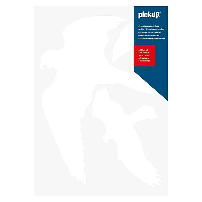 Pickup Fenstersticker - Motiv: Vögel, Weiß - Dekorativer Fensteraufkleber "Pickup" mit Vogelmotiv, selbstklebend, zur Gestaltung von Glasflächen.