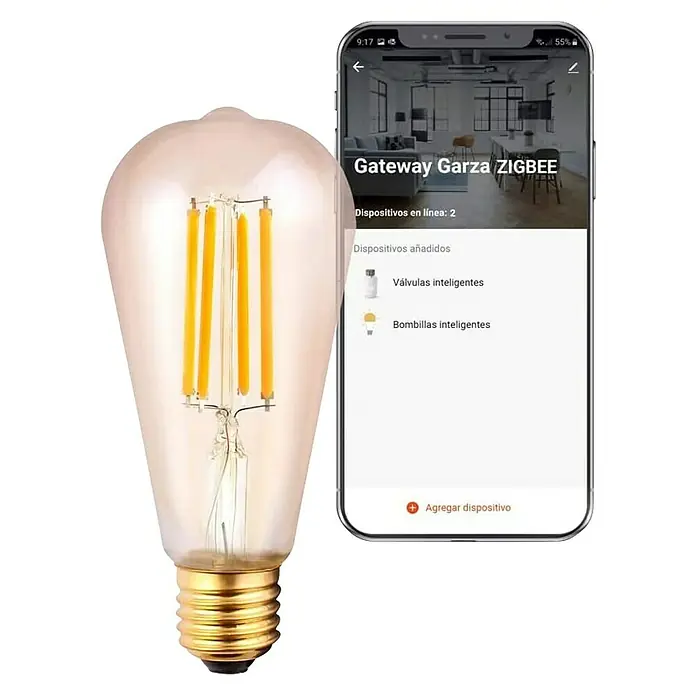 Garza Bombilla LED inteligente Zigbee filamentos - E27, RGBW, 700 lm, 7 W - Bombilla inteligente y app para smartphone para el control. La interfaz de la app muestra dispositivos conectados.