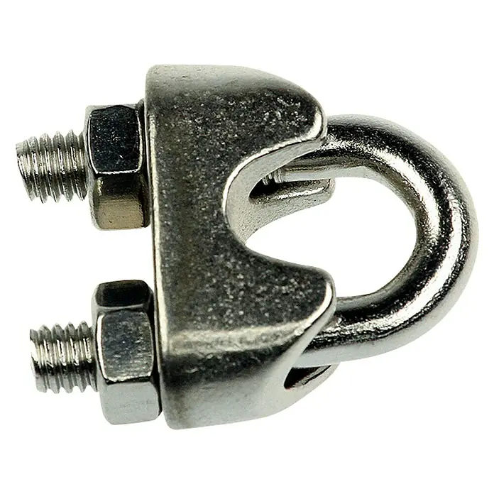 Stabilit Seilklemme - Für Seildurchmesser: 6 mm, 1 Stk., Edelstahl - Nahaufnahme einer Drahtseilklemme aus Metall mit Schrauben und Muttern, die auf einem schwarzen Hintergrund befestigt sind.