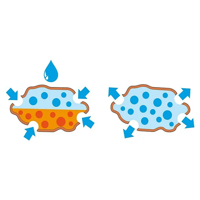 Seramis Tongranulat Bio - 12,5 l - Schema einer feuchten Membran, die Feuchtigkeit aufnimmt und nach außen abgibt, illustriert Feuchtigkeitstransport und Atmungsaktivität.