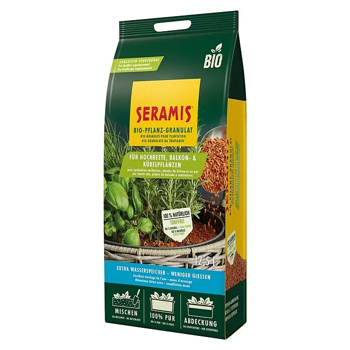 Seramis Pflanzgranulat Bio - 12,5 l - Seramis Bio-Pflanz-Granulat im grün-gelben Beutel. Organisch, torffrei, für Hochbeete, Balkon- & Kübelpflanzen, 12,5 L.