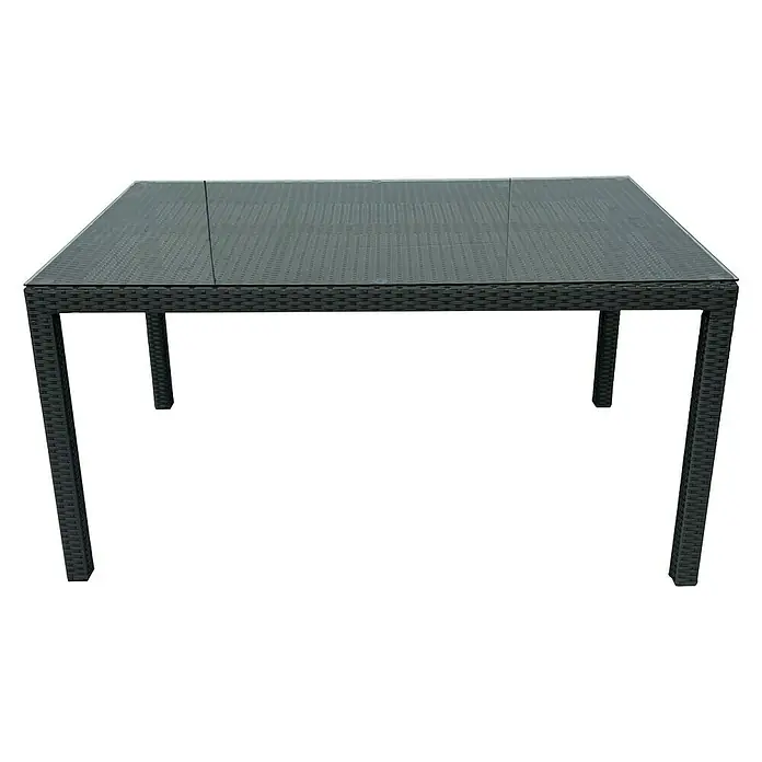 Sunfun Mesa de jardín Neila - L x An x Al: 150 x 100 x 75 cm, Aluminio/Ratán sintético, Gris plata - Una mesa de comedor rectangular de ratán tejido con una tapa de cristal, perfecta para el jardín o el patio. Mueble elegante para uso exterior.